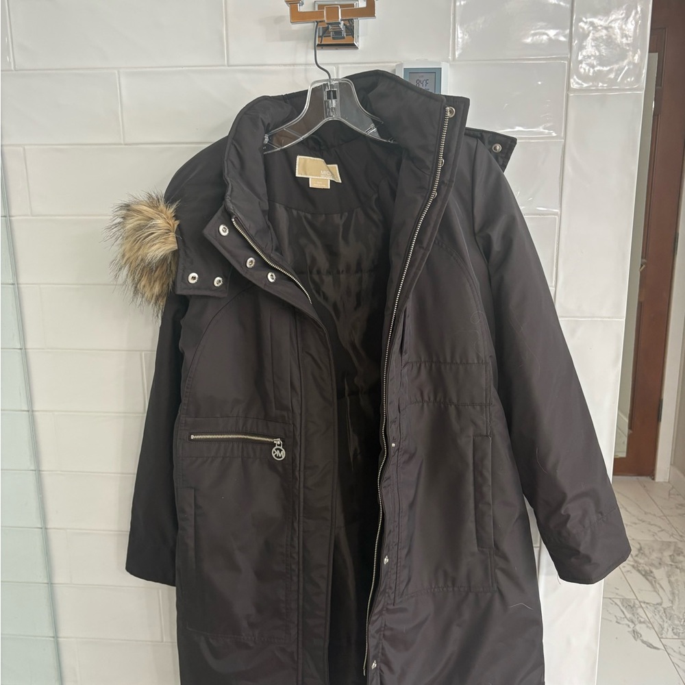 Women's brown Parka Coat with Faux Fur Trim
